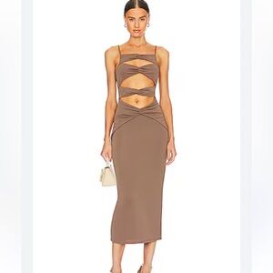 NBD - Paulina Tie Front Midi Dress in Taupe Brown
